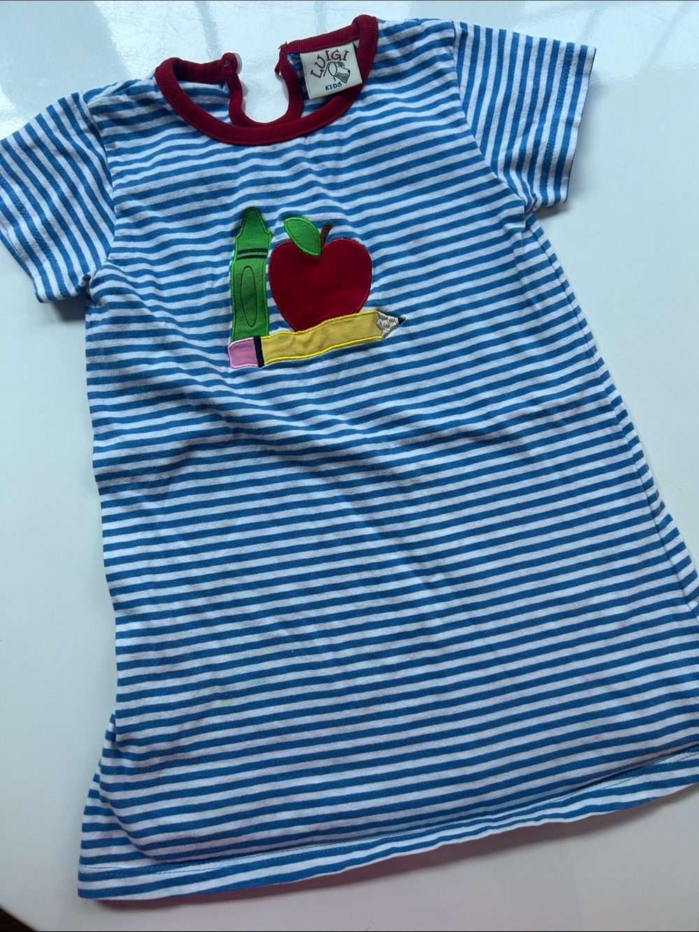 Luigi Kids Blue & White Striped Apple Appliqué Dress